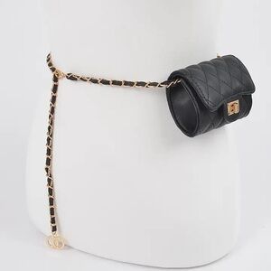 Black Quilted Belt Bag with Gold Chain